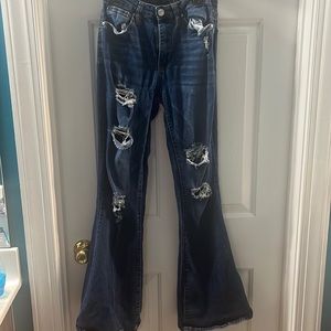 High Rise Dark Wash Ripped Flare Jeans